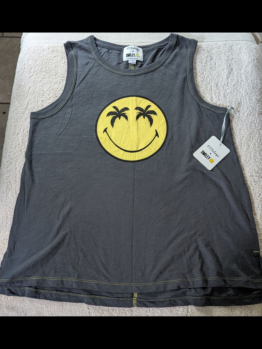 NWT P.J. Salvage x SMILEY Collab Palm Tree Tank Top Size M $28 Charcoal